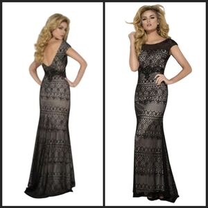 Tony Bowls Black Beaded Lace Sheer Illusion Floor Length Gown